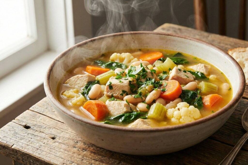 Enormous protein-packed soup with chicken and vegetables, volumetric eating recipe