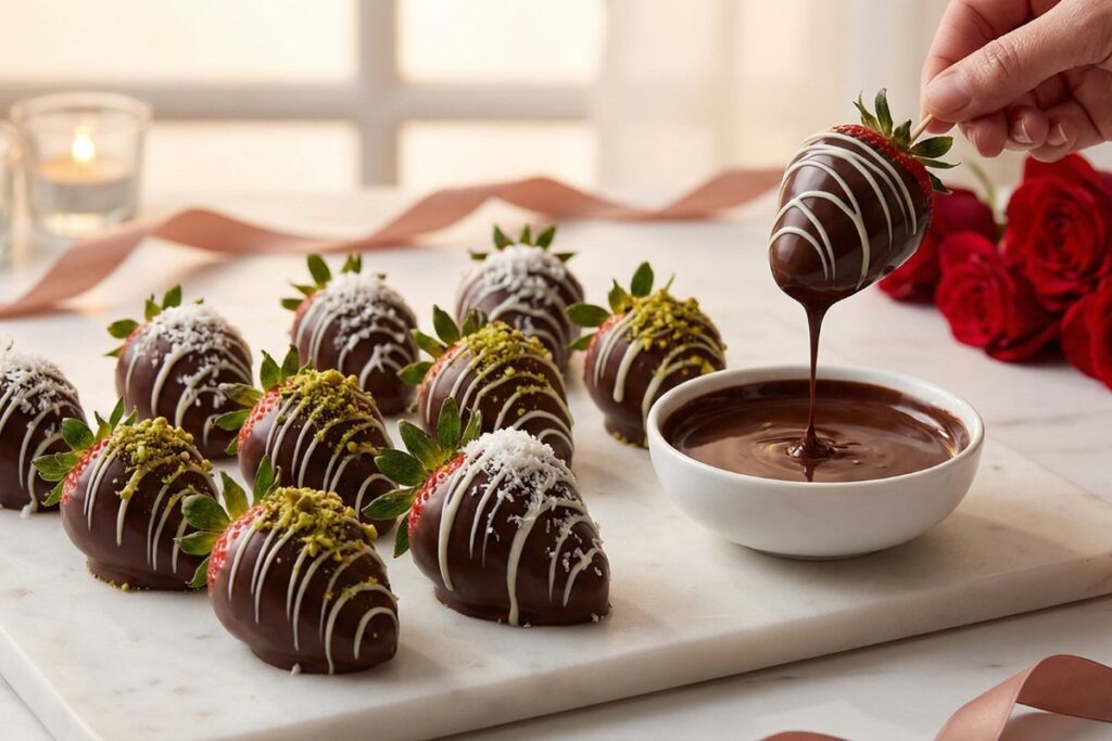 Dark chocolate covered strawberries with toppings, healthy elegant dessert under 100 calories