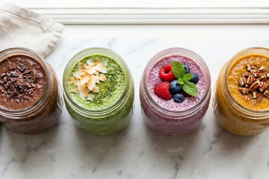 Four flavors of chia seed pudding in jars, healthy make-ahead dessert high in fiber