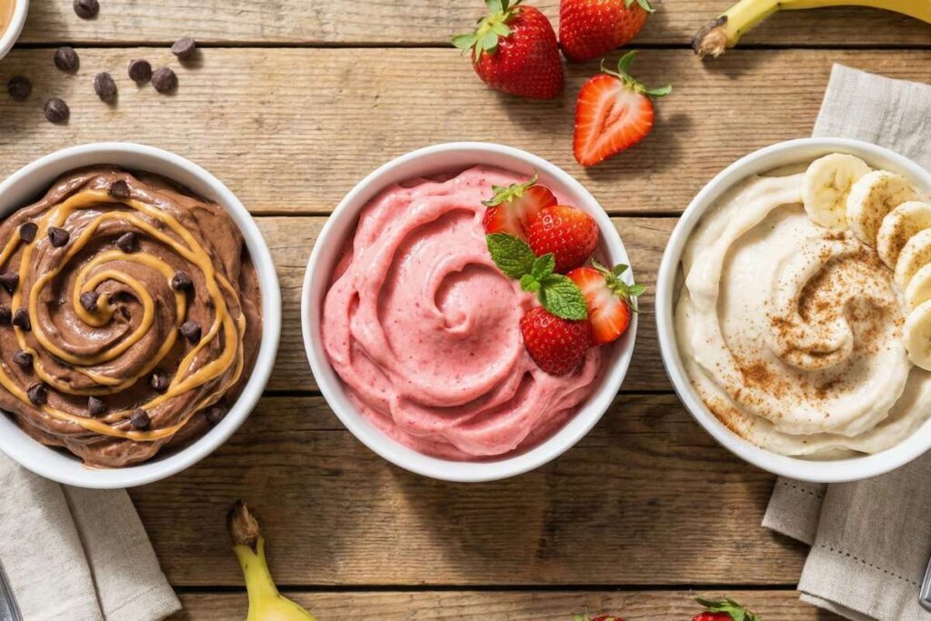 Three flavors of banana nice cream - chocolate, strawberry, classic, healthy dairy-free dessert