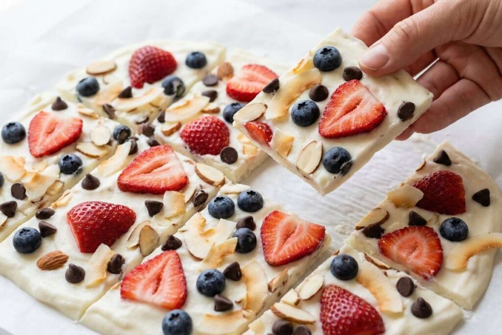 Greek yogurt chocolate bark with berries and nuts, healthy frozen dessert under 200 calories