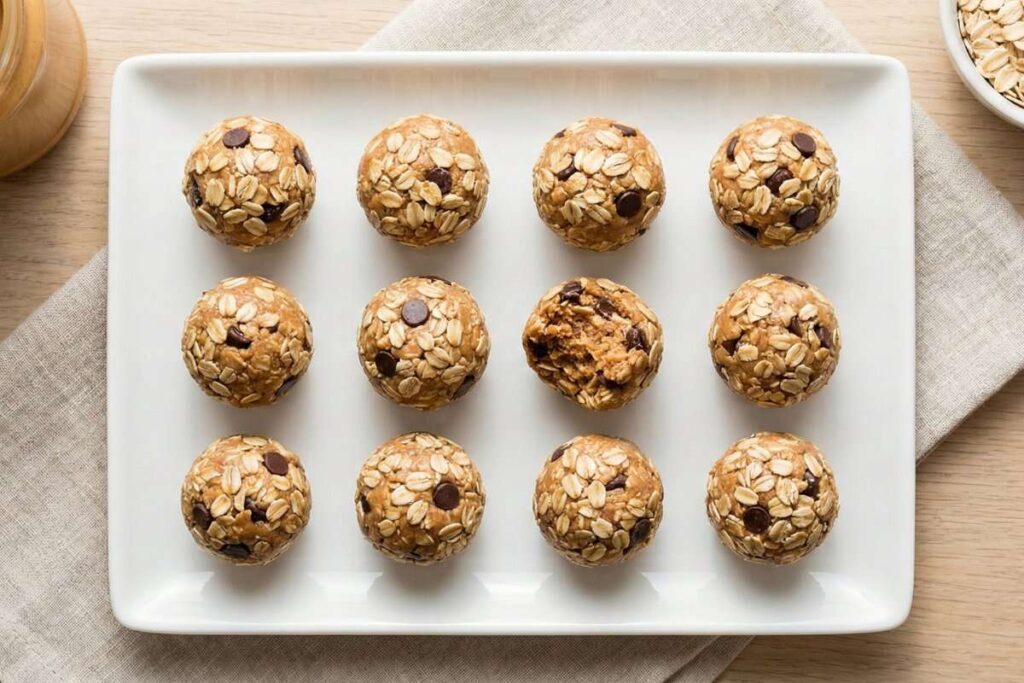 No-bake peanut butter energy balls with chocolate chips, healthy protein dessert snack