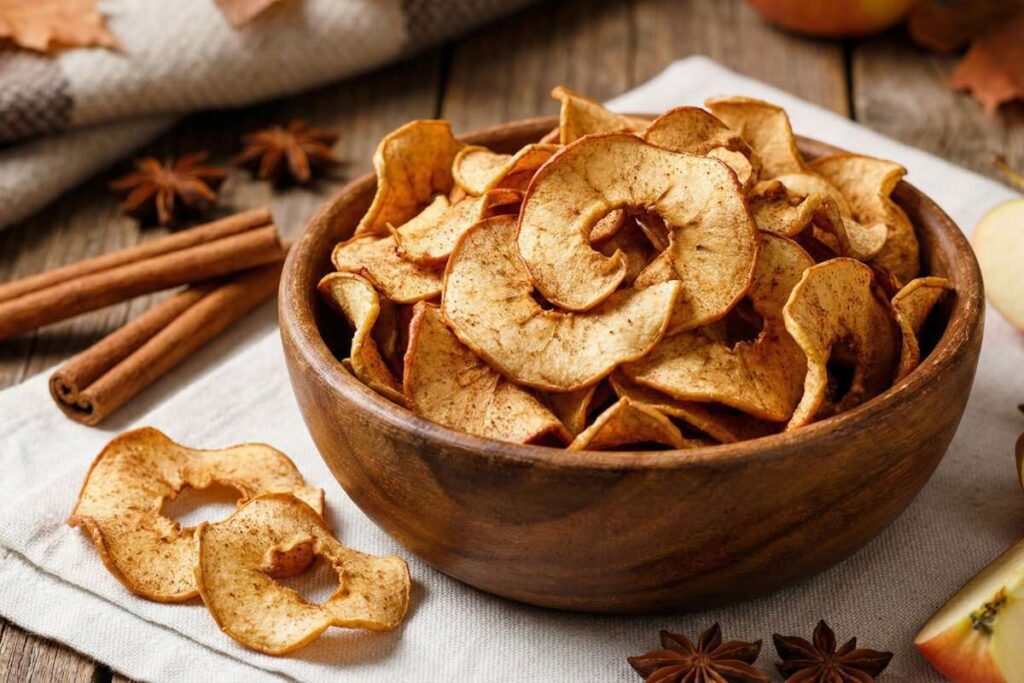 Crispy baked cinnamon apple chips in bowl, healthy low-calorie dessert snack