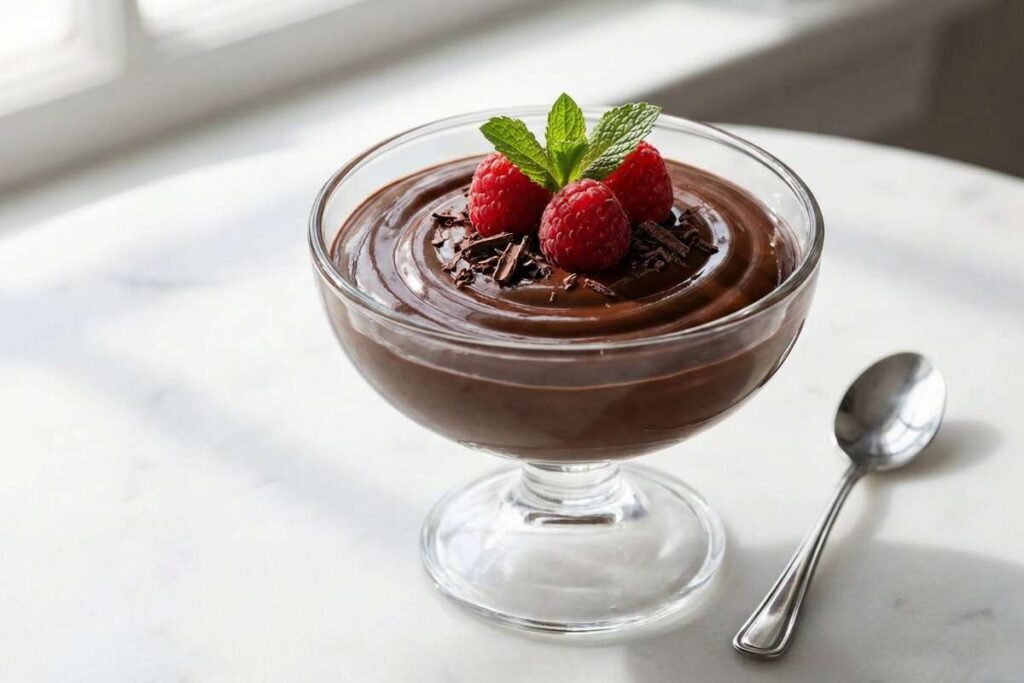 Rich protein chocolate mousse with raspberries, healthy high-protein dessert under 200 calories