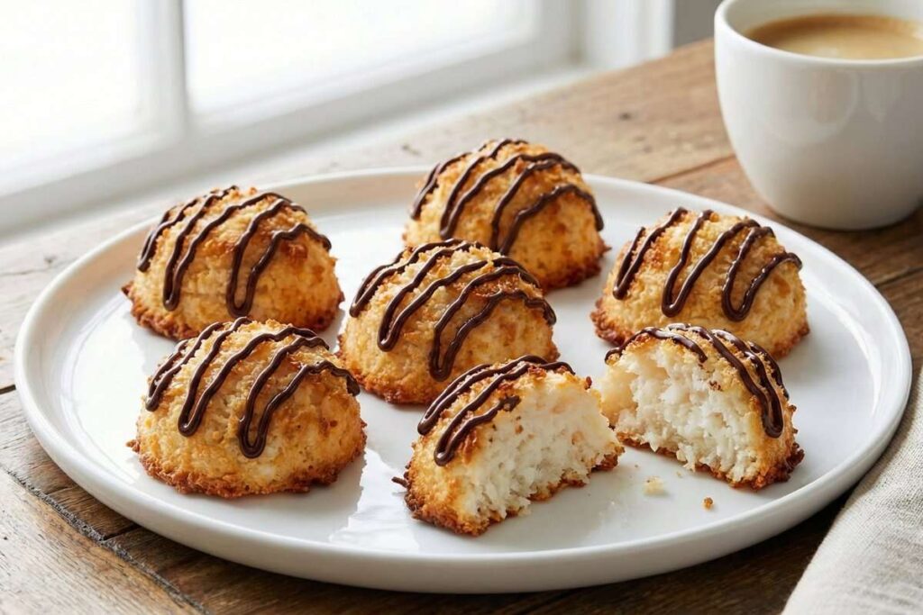 Coconut macaroons with dark chocolate drizzle, healthy gluten-free dessert