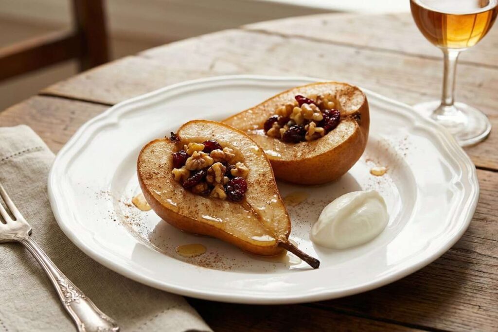 Elegant white plate with two baked pear halves, golden and caramelized, filled with chopped walnuts and dried cranberries. Drizzled with honey and sprinkled with cinnamon. Small dollop of Greek yogurt on side. Served on rustic wooden table with linen napkin. Warm soft lighting, professional fine dining dessert photography, restaurant-quality presentation, sophisticated and elegant.