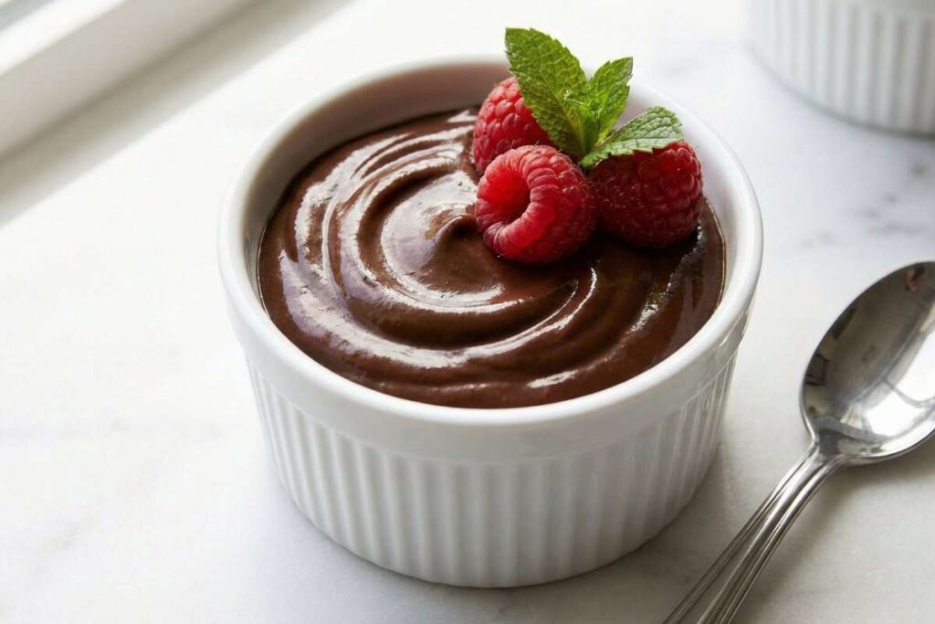 Creamy avocado chocolate pudding with raspberries, healthy dairy-free dessert