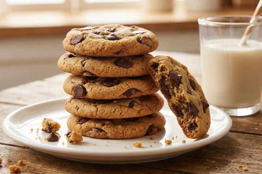 Protein chocolate chip cookies stacked high, healthy high-protein dessert under 100 calories each