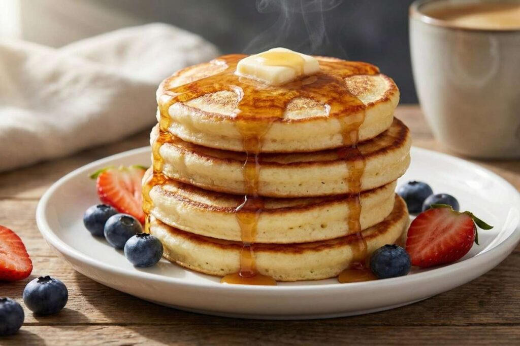 Fluffy cottage cheese protein pancakes stacked high with maple syrup and fresh berries