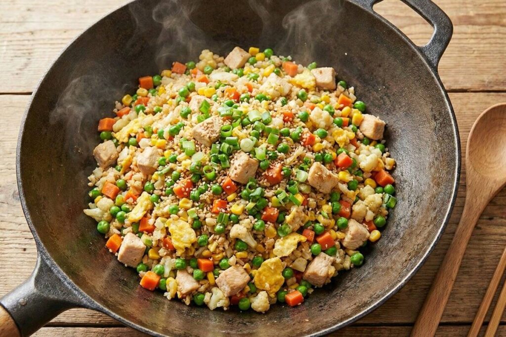 Massive cauliflower fried rice with chicken and vegetables, 3-cup volumetric eating recipe