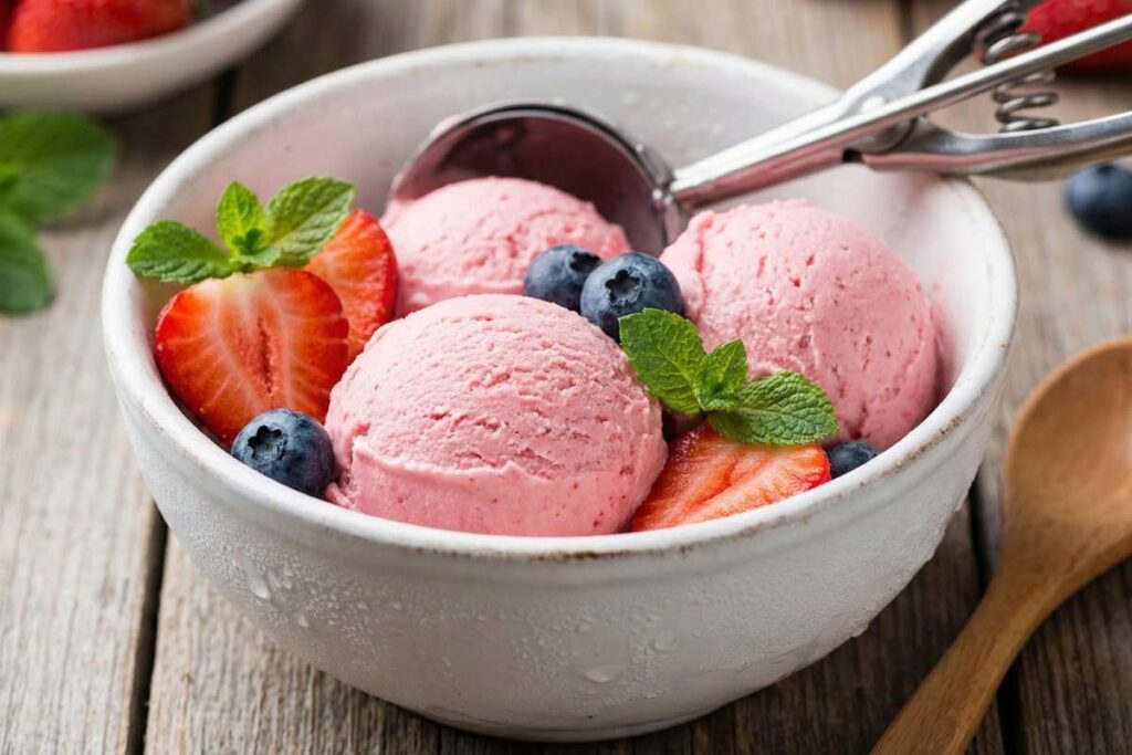 Creamy cottage cheese protein ice cream with fresh berries, high-protein dessert recipe