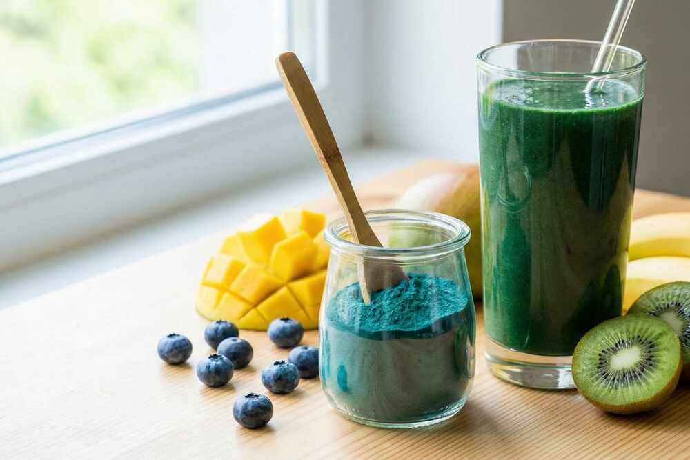 Spirulina powder and smoothie, nutrient-dense algae protein for gut detox