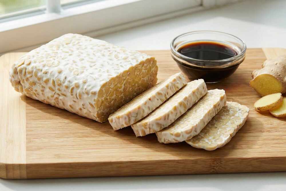 Fermented tempeh with probiotics, plant-based high-protein gut health food