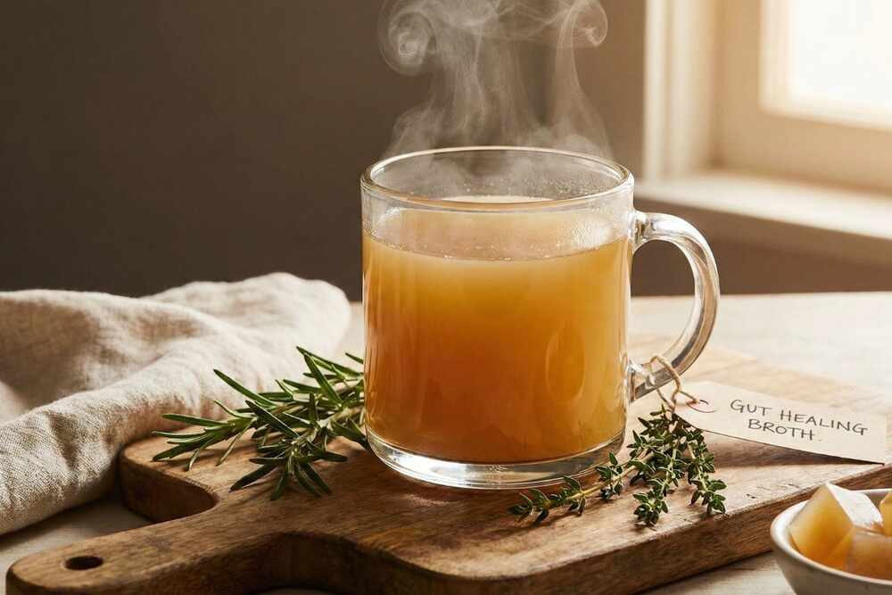 Golden bone broth with collagen and gelatin for gut healing, high-protein food