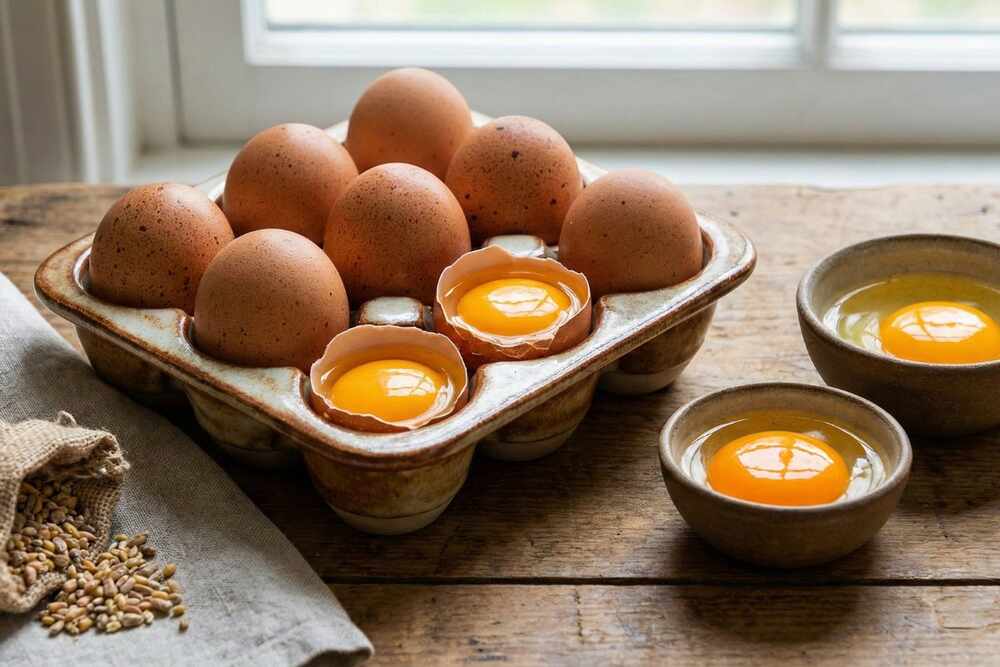 Pasture-raised eggs with orange yolks, easily digestible high-protein gut health food