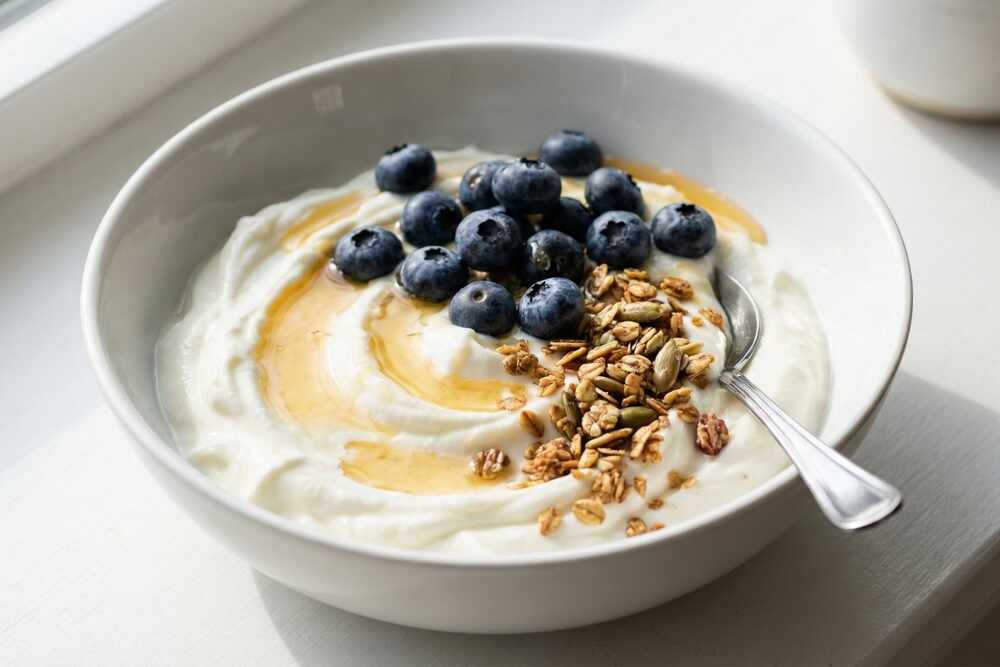 Creamy Greek yogurt with probiotics and blueberries, high-protein gut health food