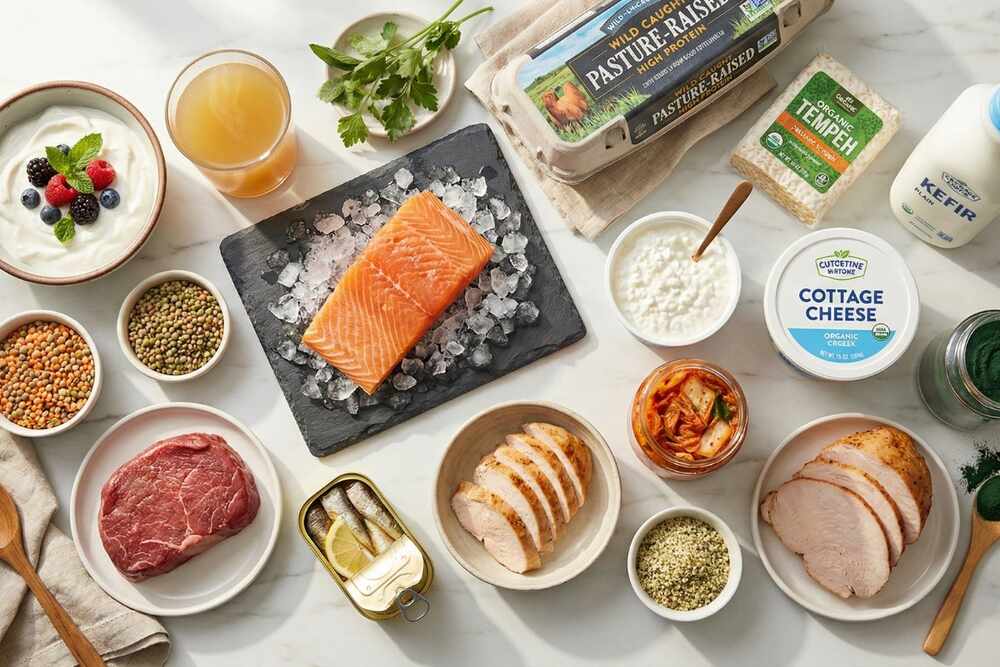 15 high protein foods for gut health including Greek yogurt, salmon, bone broth and fermented foods