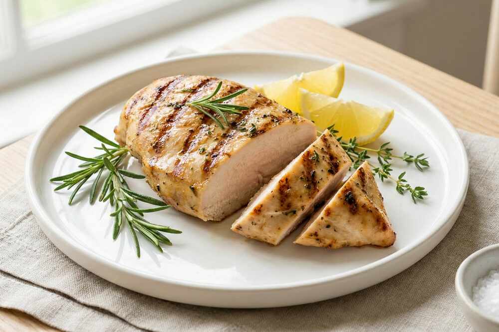 Grilled organic chicken breast, lean easily digestible high-protein gut health food