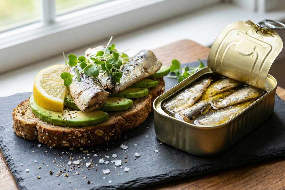 Sardines on toast with avocado, omega-3 rich high-protein gut health food