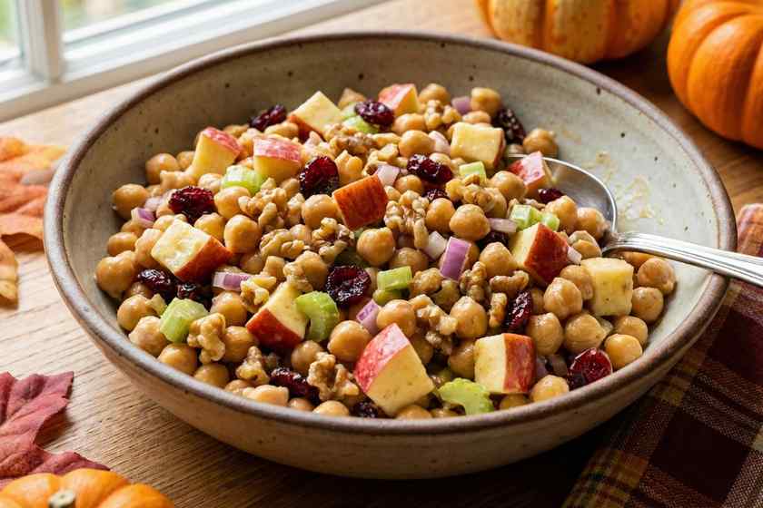 Apple walnut chickpea salad with cranberries, celery, and maple Dijon dressing for autumn meal prep