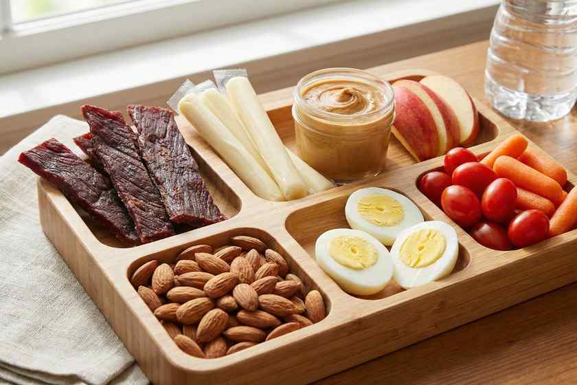 High protein snack plate with beef jerky, eggs, and nuts for no cook quick lunch with 25g protein
