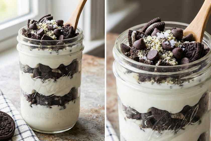 Cookies and cream protein parfait with crushed cookies chocolate chips fun breakfast 38g protein