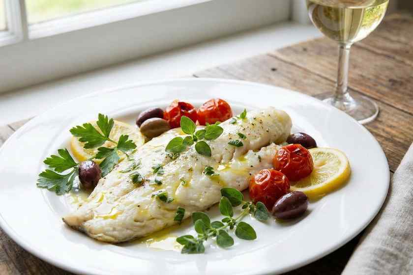Mediterranean baked fish herbs lemon olives longevity diet blue zone centenarian pescatarian