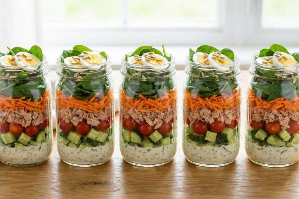 Mason jar layered tuna salad with spinach, tomatoes, cucumbers, and hard boiled eggs for meal prep