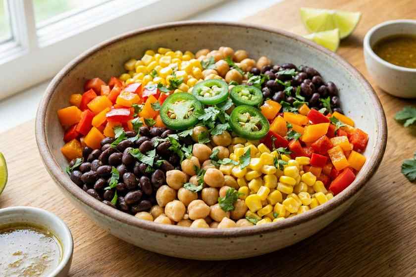 Southwest chickpea salad with black beans, corn, bell peppers, and cilantro for no cook Tex-Mex lunch