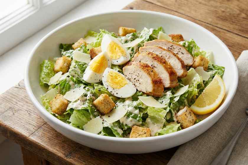 Chicken Caesar protein salad with eggs and parmesan for no cook high protein lunch with 33g