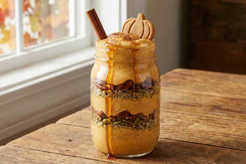 Pumpkin spice protein parfait with pecans pumpkin seeds hemp hearts fall breakfast 34g protein