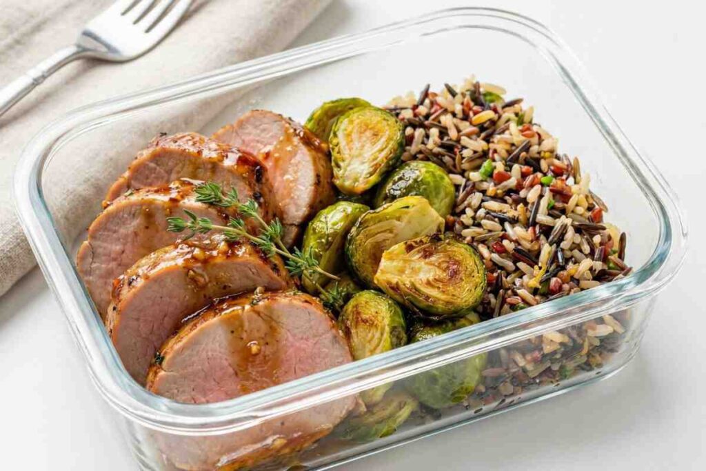 honey garlic pork tenderloin meal prep with brussels sprouts and wild rice