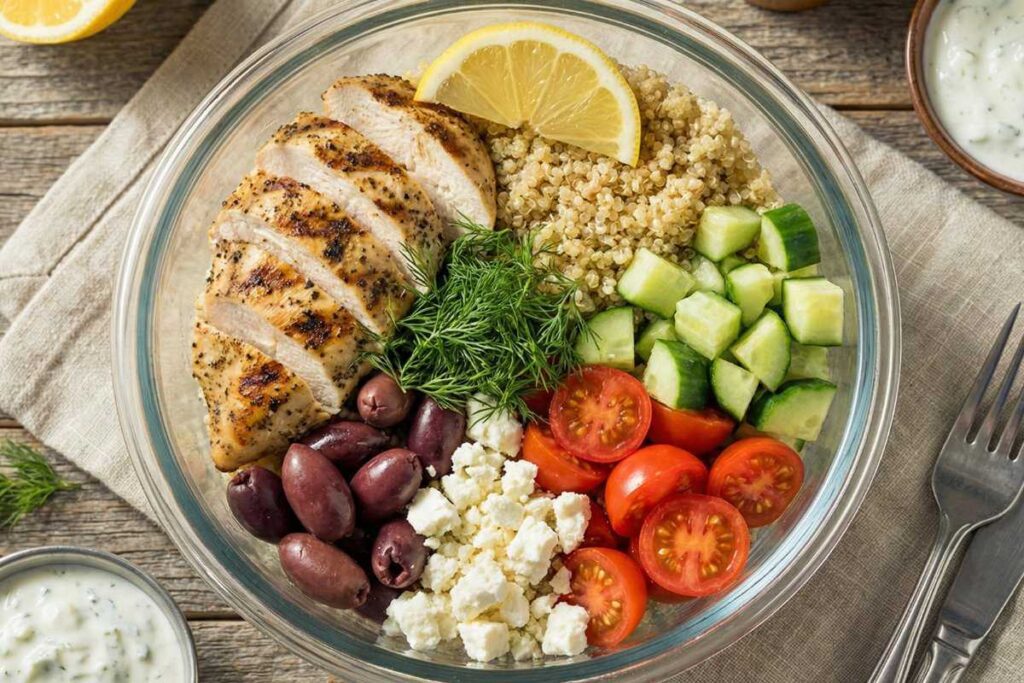 Greek chicken bowl with quinoa, cucumbers, cherry tomatoes, olives, and feta for low FODMAP lunch
