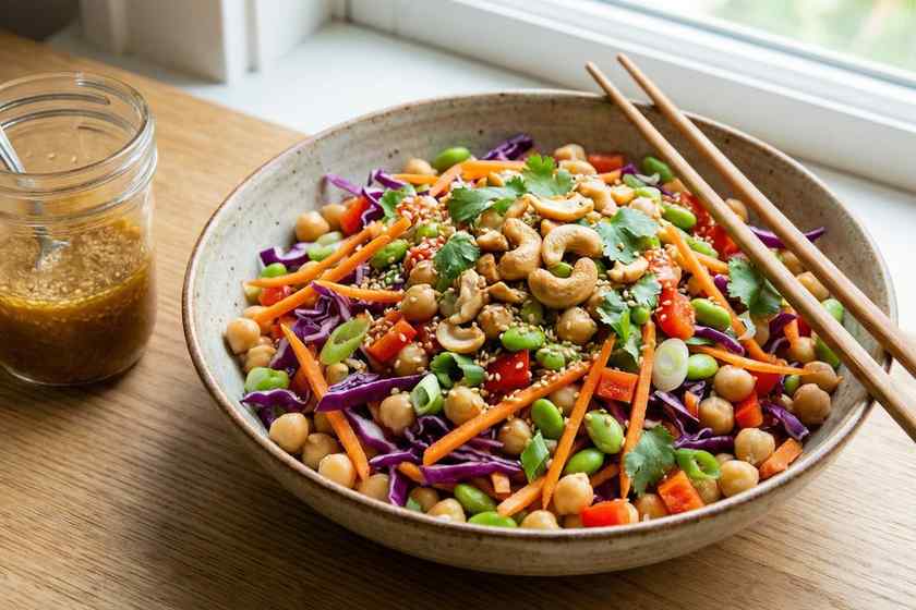 Asian chickpea salad with purple cabbage, edamame, carrots, and sesame seeds for quick no cook meal prep