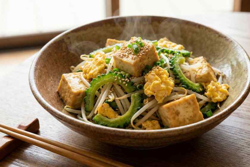 Okinawan champuru stir fry tofu bitter melon bean sprouts longevity diet centenarian recipe