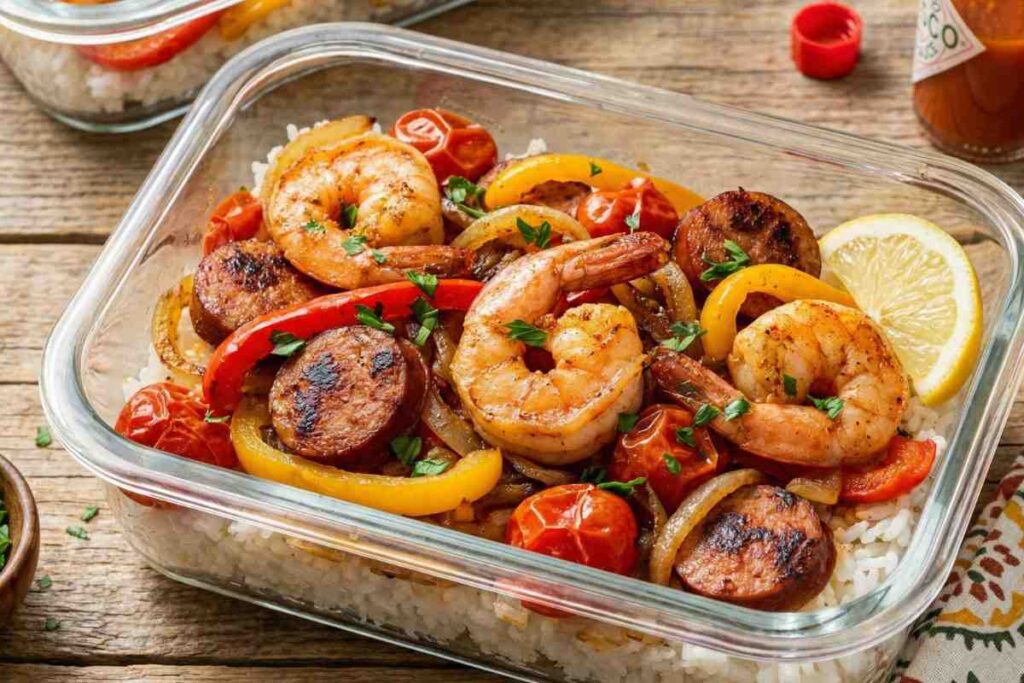 cajun shrimp and sausage meal prep with bell peppers tomatoes and rice