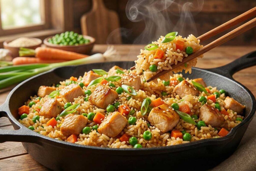 Low FODMAP chicken fried rice with peas, carrots, and green onion tops in large skillet