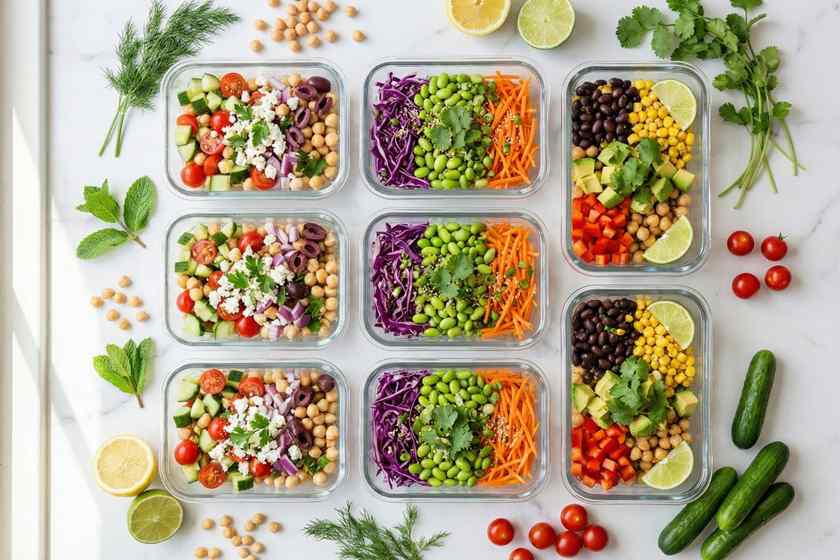No cook chickpea salad meal prep containers with colorful healthy salads on white kitchen counter for quick summer lunches