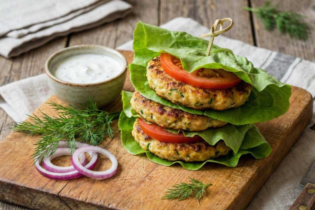 Low FODMAP turkey zucchini burger patties wrapped in fresh lettuce leaves with tomato slices