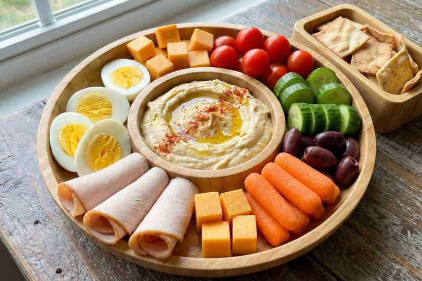 Protein-packed hummus plate with eggs, turkey, cheese, and vegetables for no cook high protein lunch bento
