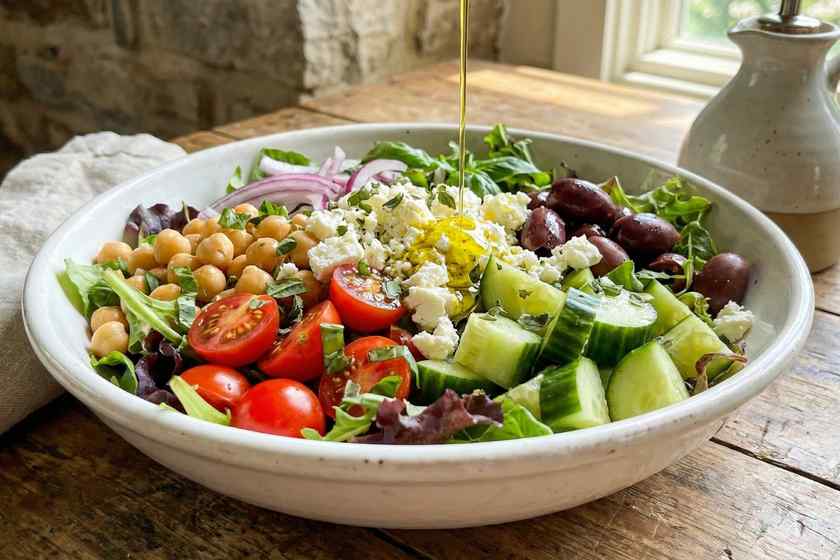 Mediterranean longevity salad with chickpeas tomatoes olives feta Sardinian blue zone diet centenarian