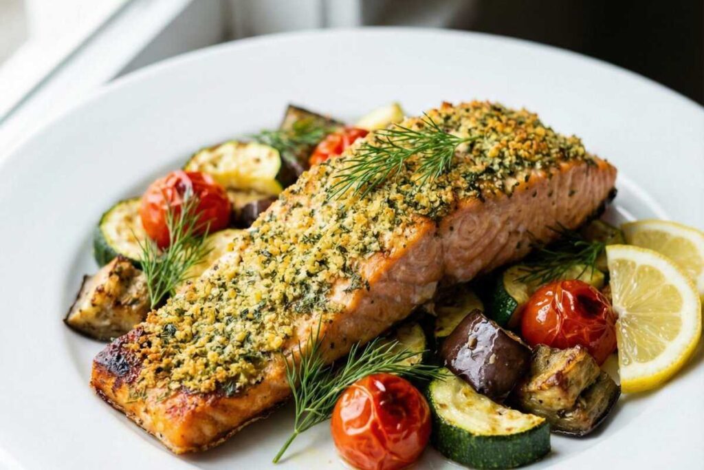 Baked salmon fillet with herb crust, roasted zucchini, tomatoes, and quinoa for low FODMAP dinner