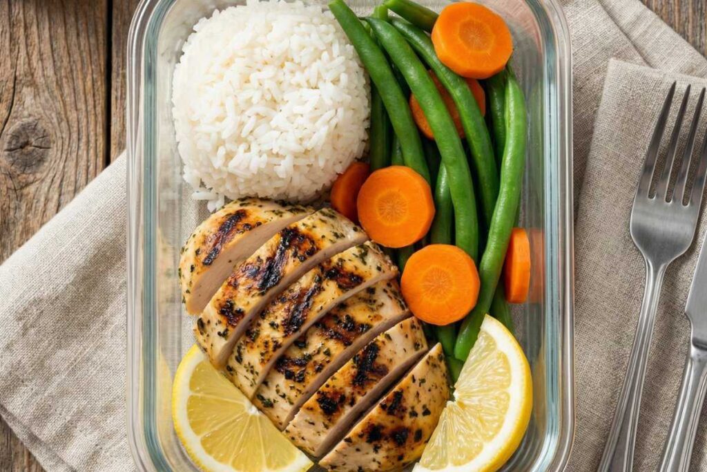 Lemon herb chicken meal prep bowl with white rice, green beans, and carrots in glass container