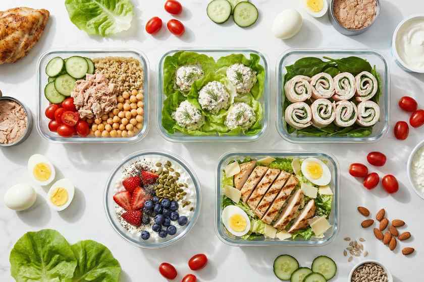 no cook chickpea salad in a white bowl with vegetables