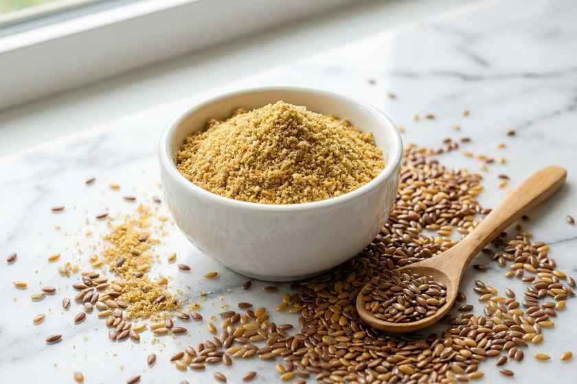 Ground flax seeds in bowl for hormone balancing foods estrogen regulation and period health