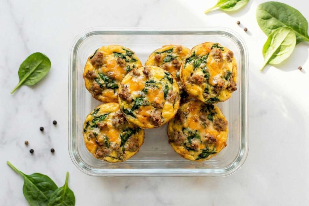 Turkey egg muffin cups with spinach in glass meal prep containers for low FODMAP breakfast