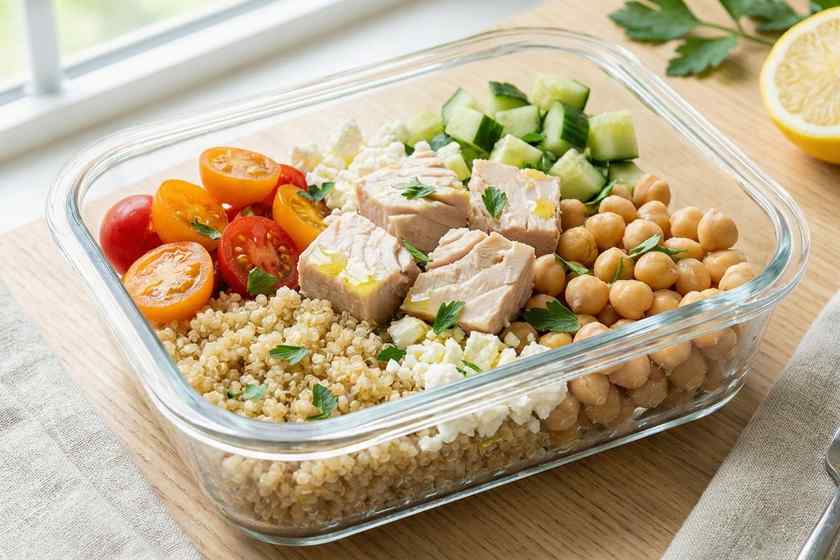 Tuna protein power bowl with chickpeas, quinoa, and feta cheese for no cook high protein lunch meal prep