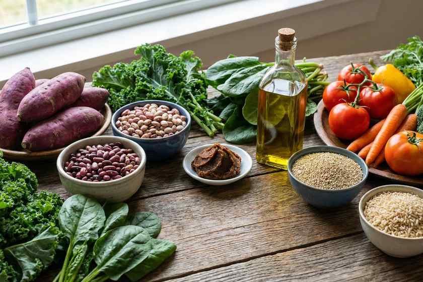 Longevity diet recipes ingredients display with blue zone foods purple sweet potatoes beans greens miso on wooden table