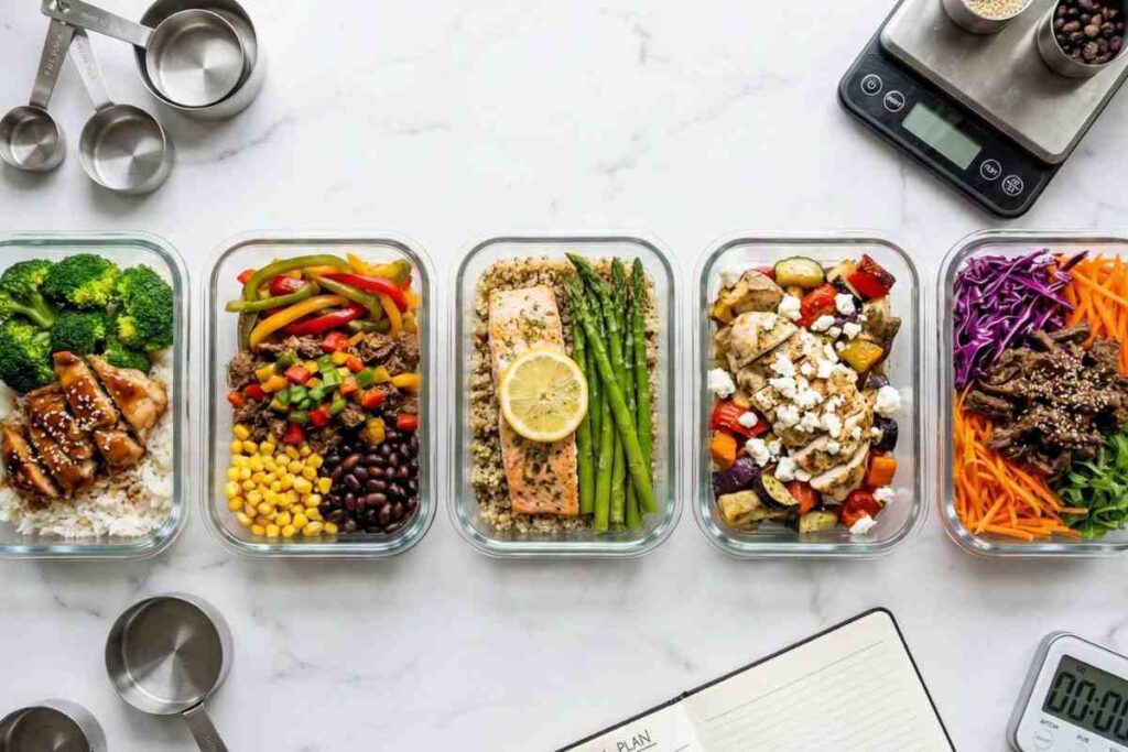 high protein dinner meal prep containers with chicken salmon and beef on marble counter