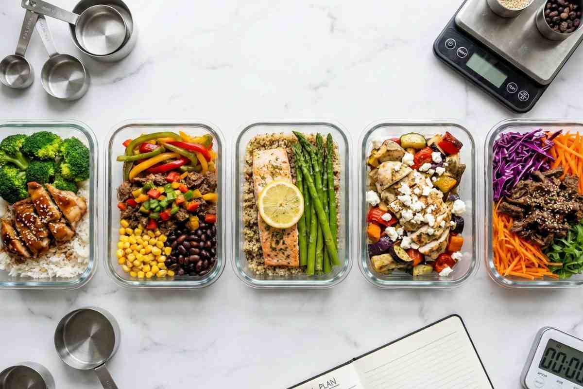 high protein dinner meal prep containers with chicken salmon and beef on marble counter